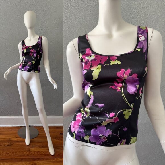 Vintage 90s Black Satin Floral Evening Top Blouse M - Picture 1 of 11